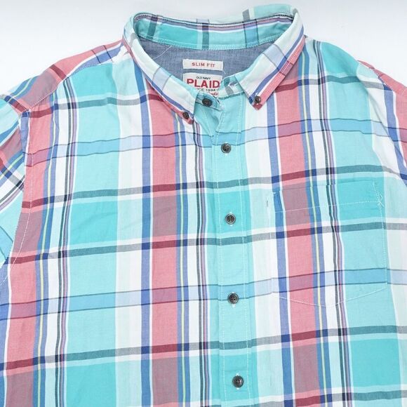 Old Navy Shirt Men's 2XL Multicolor Plaid Collared Slim Fit Casual Button-Down - Picture 2 of 7